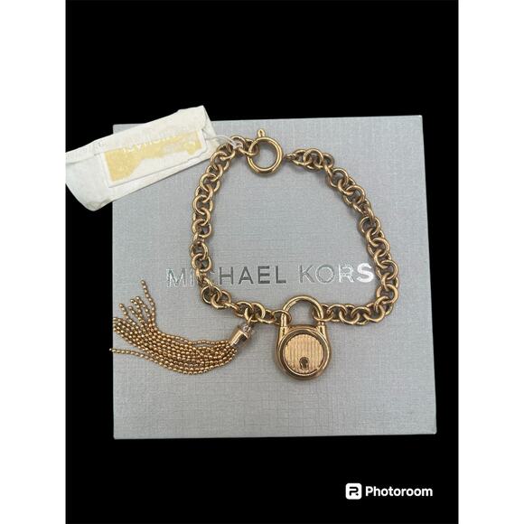 MICHAEL KORS Hamilton Rose Gold Chain Bracelet Padlock Tassel MKJ6820791 +MK BOX - Picture 2 of 4